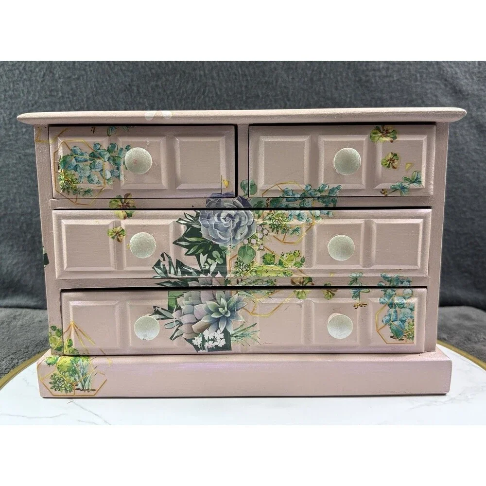 Vintage Wood Jewelry Box Hand Painted Decoupage Floral 4 Drawer Chest Organizer